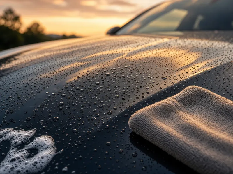 Water beading on a freshly detailed dark car hood at sunset.