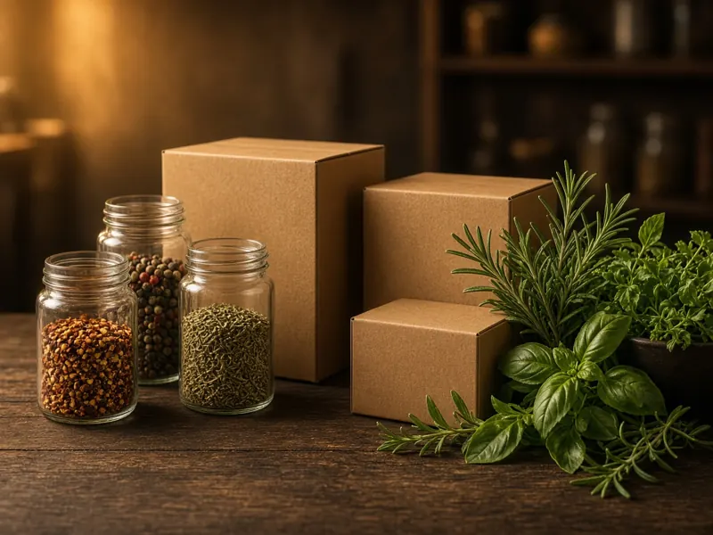 Glass spice jars, kraft shipping boxes and fresh herbs on a wooden counter.
