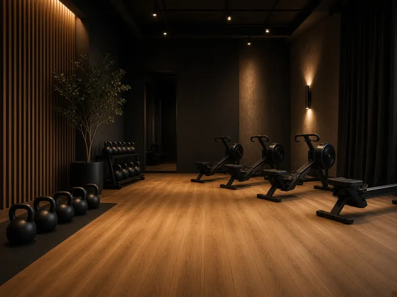 An empty boutique fitness studio with kettlebells and rowers in moody light.