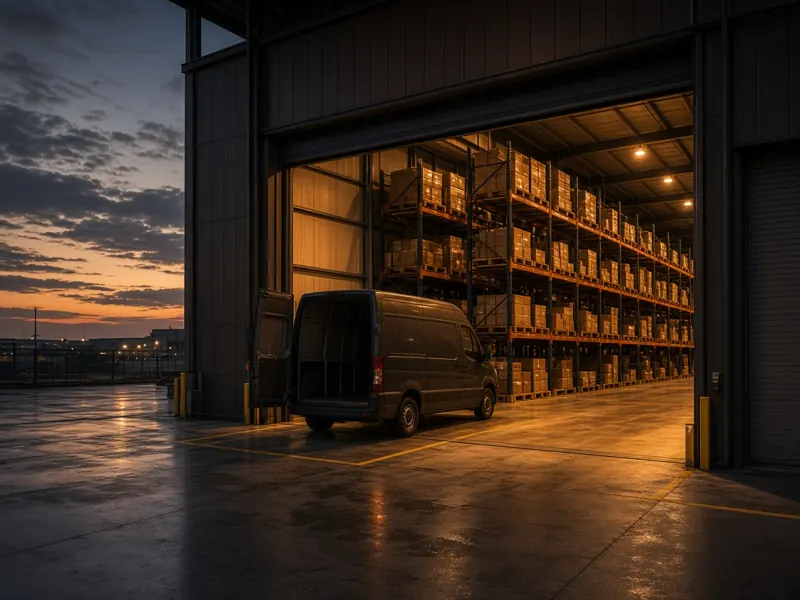 A warehouse loading dock at dusk with a delivery van and stacked shelves.