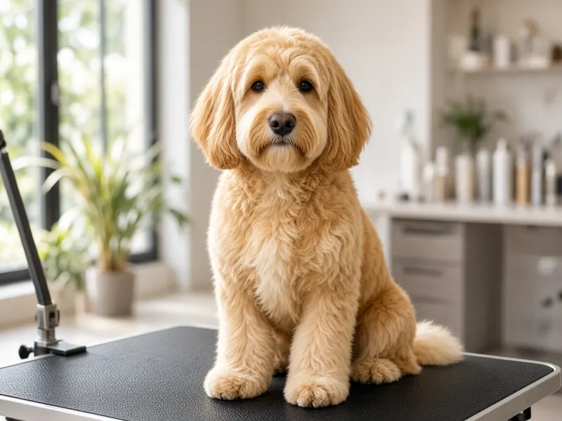 A freshly groomed doodle sitting on a grooming table in a bright salon.