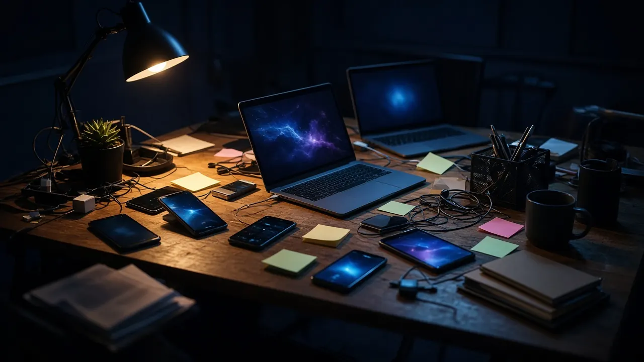 A cluttered desk at night covered in disconnected phones, laptops, cables and blank sticky notes.
