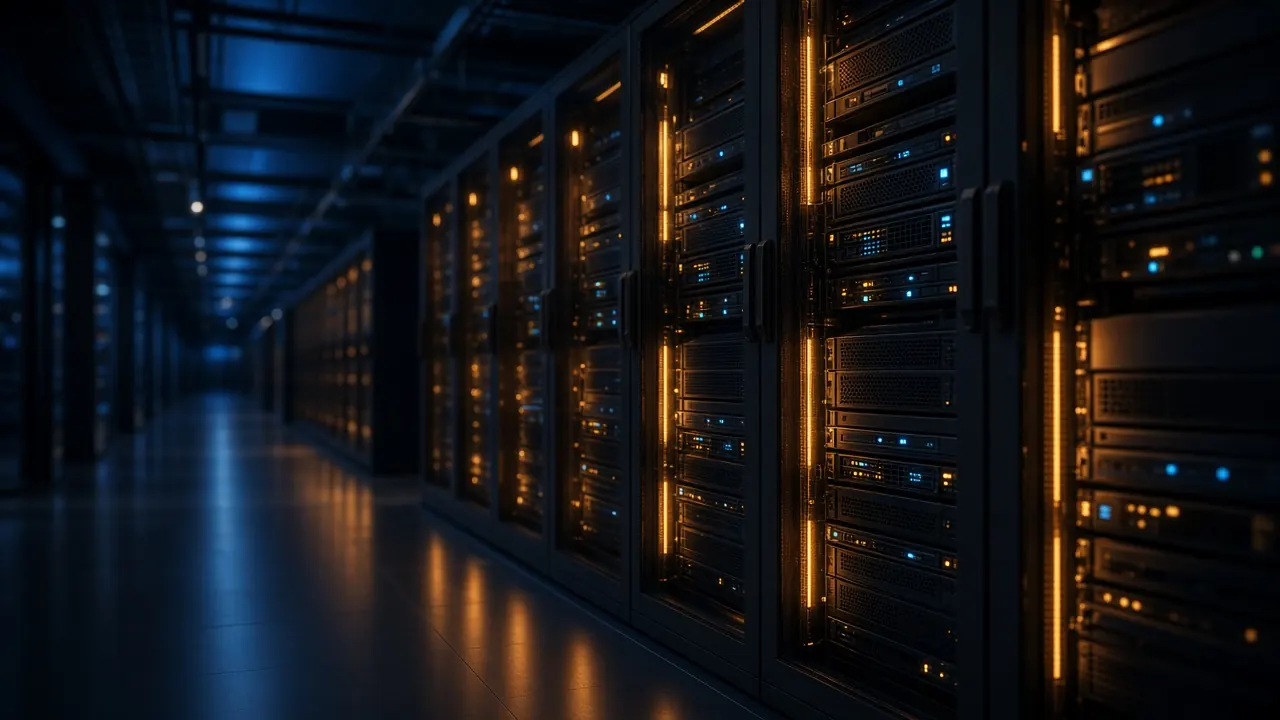 A calm server room aisle with racks glowing amber and blue.