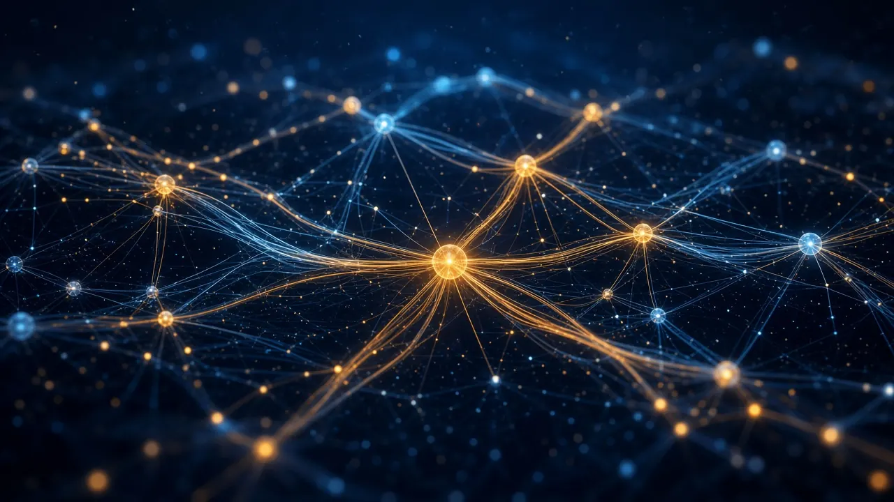 A glowing network of connected points in amber and blue on a dark background.
