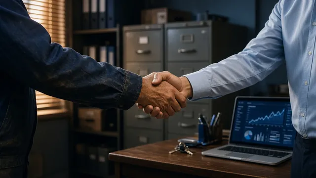An owner in a work jacket shaking hands with a buyer in a business office, with keys and a laptop dashboard on the desk.