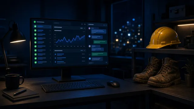 A trades business office at night, a monitor showing live status checks and an AI assistant answering customers, work boots and a hard hat on the shelf.